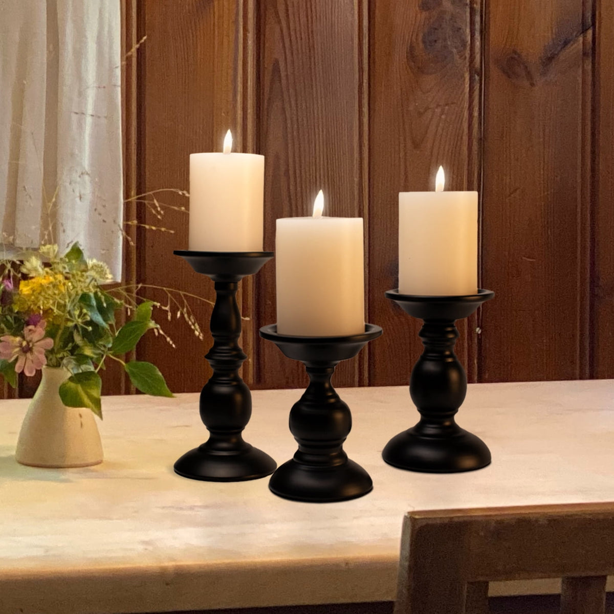Matte Black Pillar Candle Holders, Set of Three Vintage Table Stands - Image 5